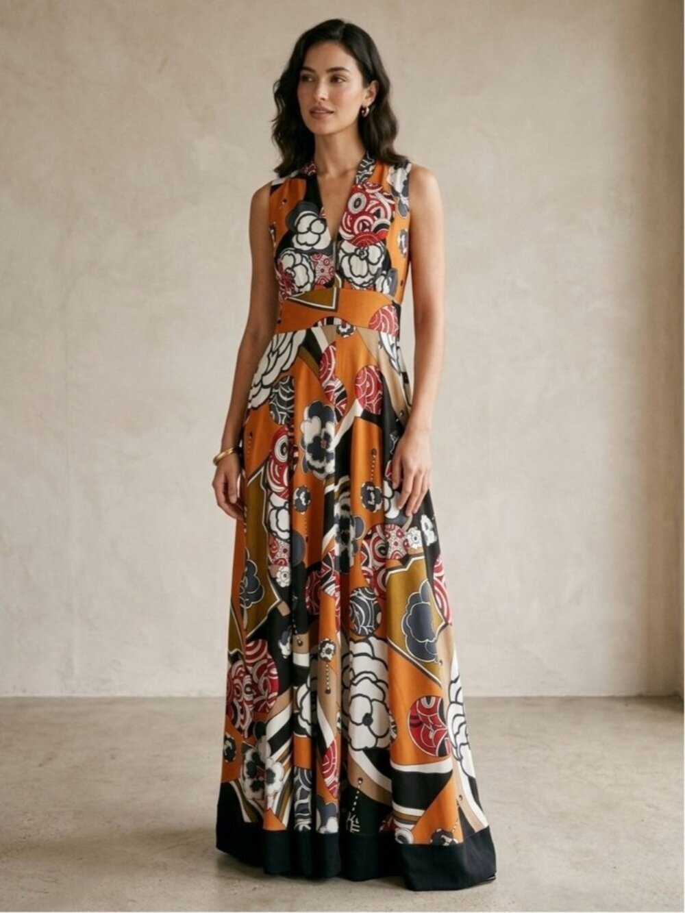 Vintage 1970s Floral Maxi Dress Size 4/6 Small Orange Black White Maximalist